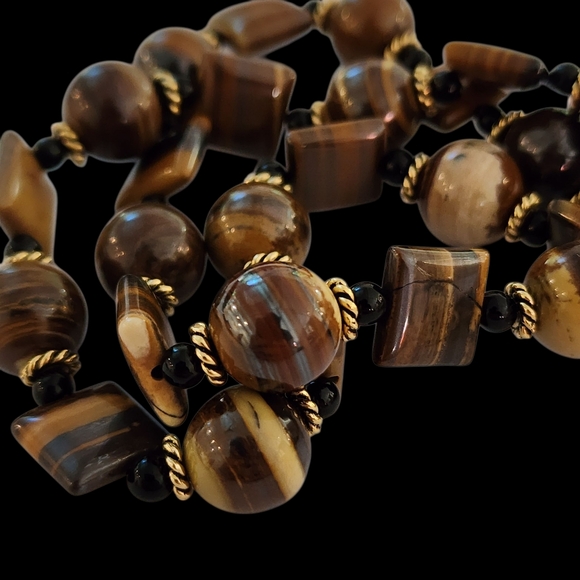 Cat's eye gemstones necklace 14k GP CZ flower clasp gold tigers eye L509 -Q5 - Picture 6 of 13